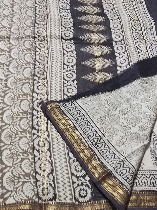 Black & White Bagh Block Print Saree
