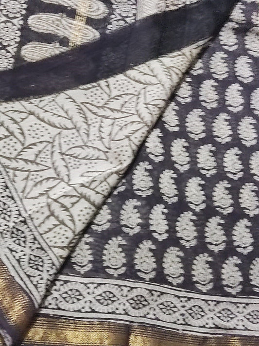 Block Print Black & White Bagh Saree