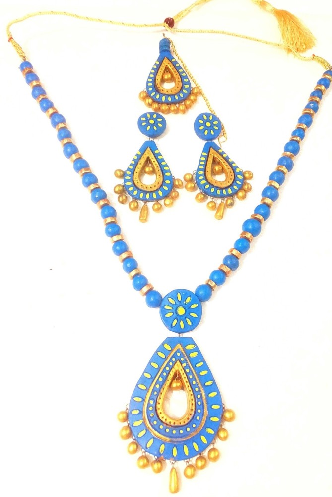 Blue And Golden Bankura Panchmura Terracotta Craft Necklace Jewellery Set