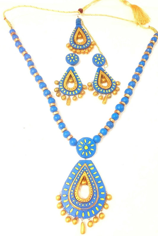 Blue And Golden Bankura Panchmura Terracotta Craft Necklace Jewellery Set
