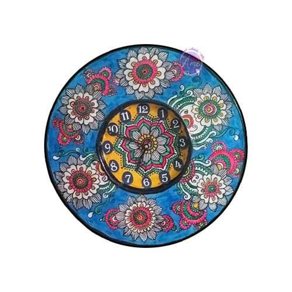 Blue Leather handpainted flower Design clock
