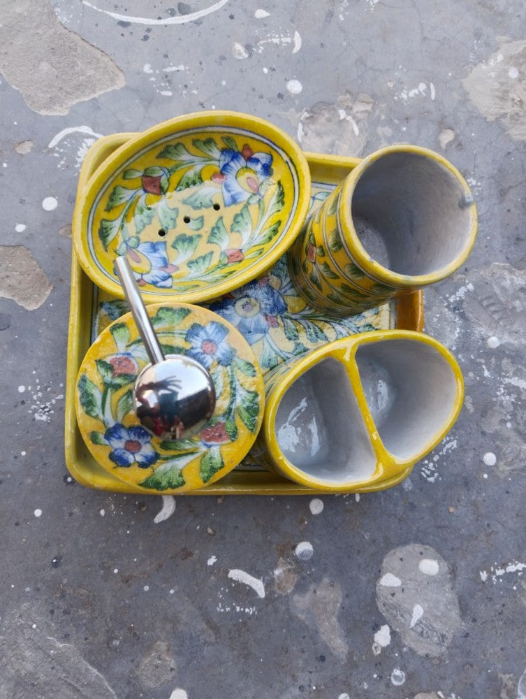 Blue Pottery Bathroom Set Yellow Floral Design