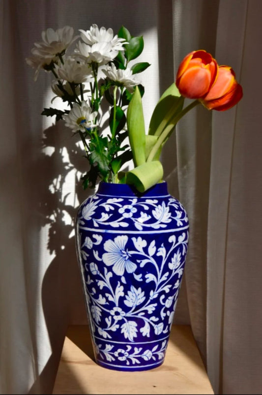 Blue Pottery Beautiful Blue Floral Print Handi Vase