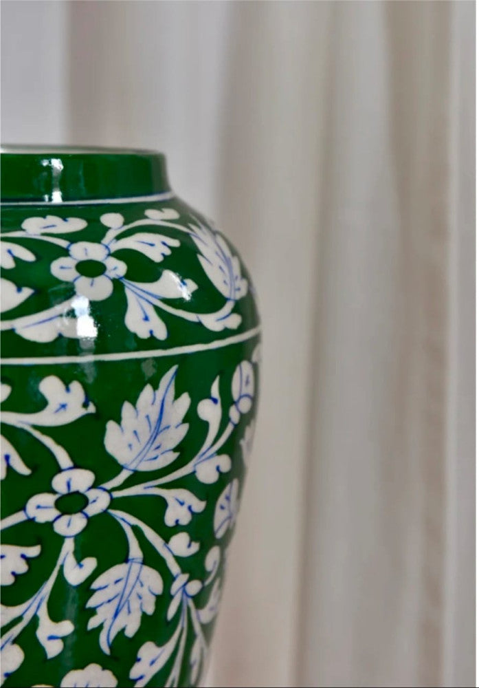 Blue Pottery Beautiful Green Floral Print Handi Vase