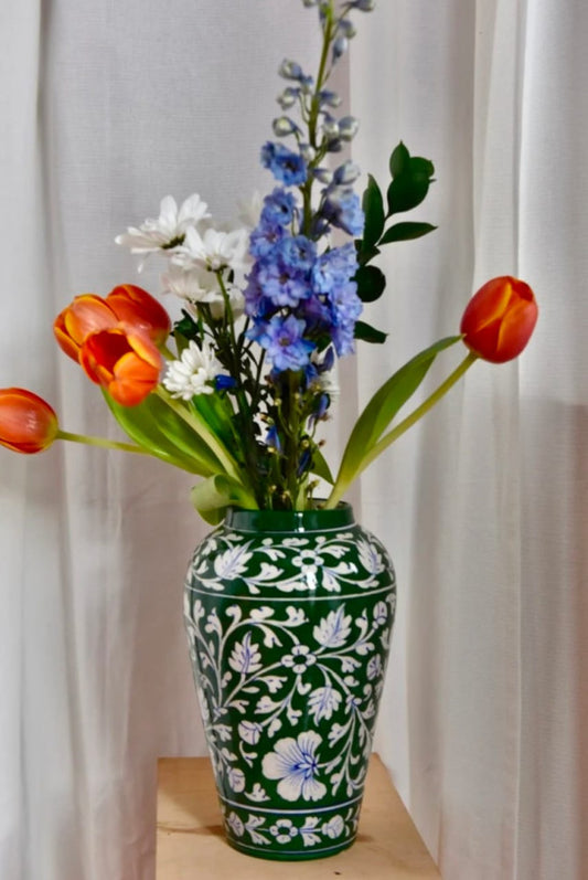 Blue Pottery Beautiful Green Floral Print Handi Vase