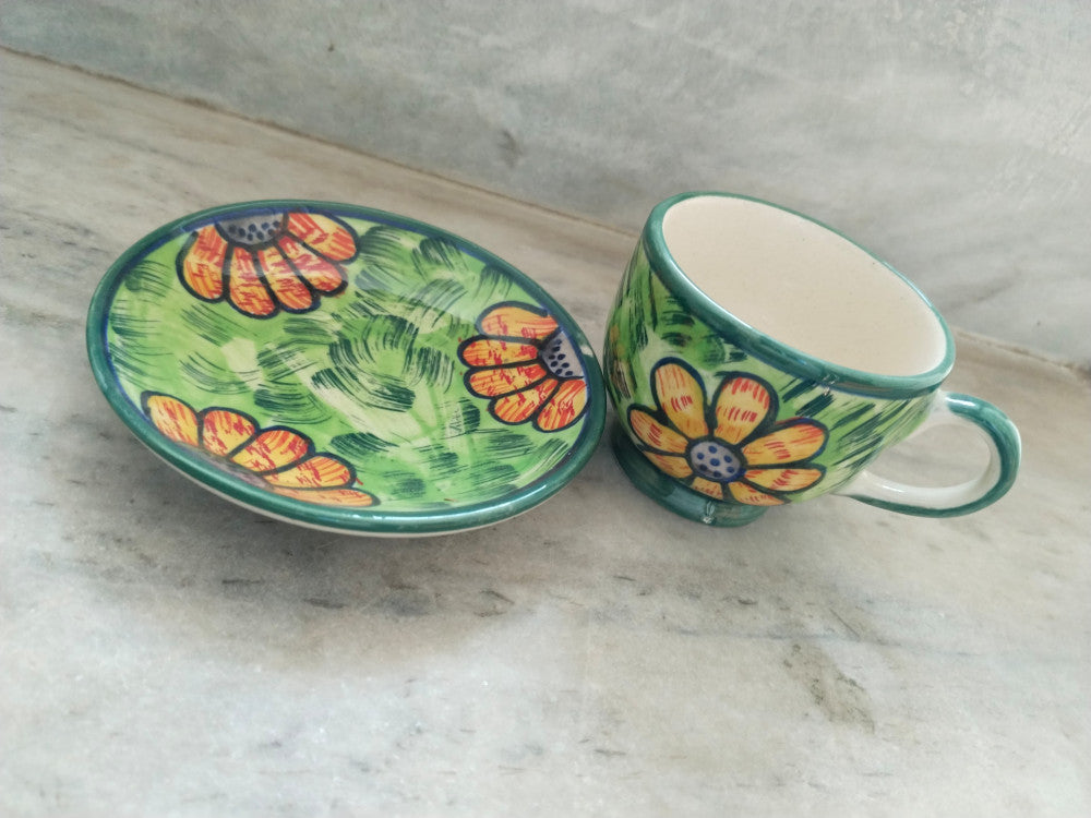 Blue Pottery Beautiful Orange Floral Print Cup And Saucer