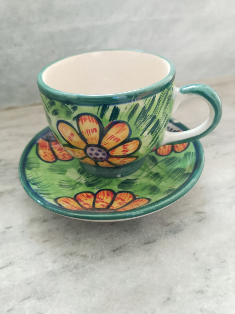 Blue Pottery Beautiful Orange Floral Print Cup And Saucer