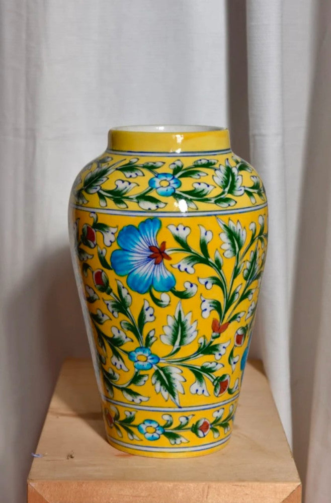 Blue Pottery Beautiful Yellow Floral Print Handi Vase