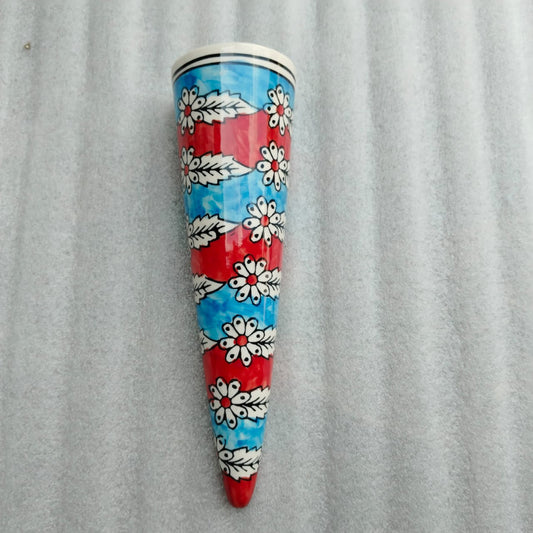 Blue Pottery Cone Wall Planter Floral Design Style 3