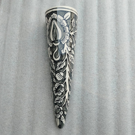 Blue Pottery Cone Wall Planter Floral Design Style 4