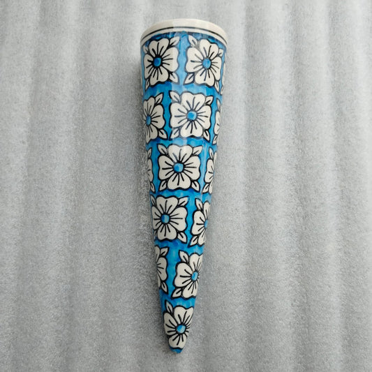 Blue Pottery Cone Wall Planter Floral Design Style 7