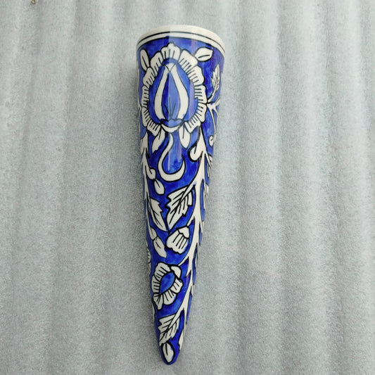Blue Pottery Cone Wall Planter Floral Design Style 8