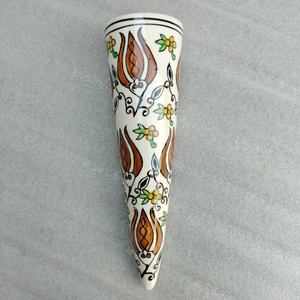 Blue Pottery Cone Wall Planter Floral Design Style 9