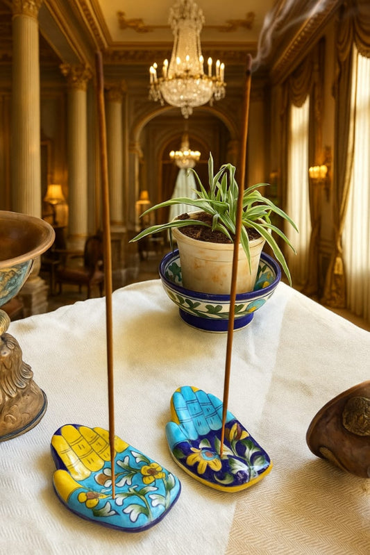 Blue Pottery Hamsa Hand Incense Stick Holder Set Of 2