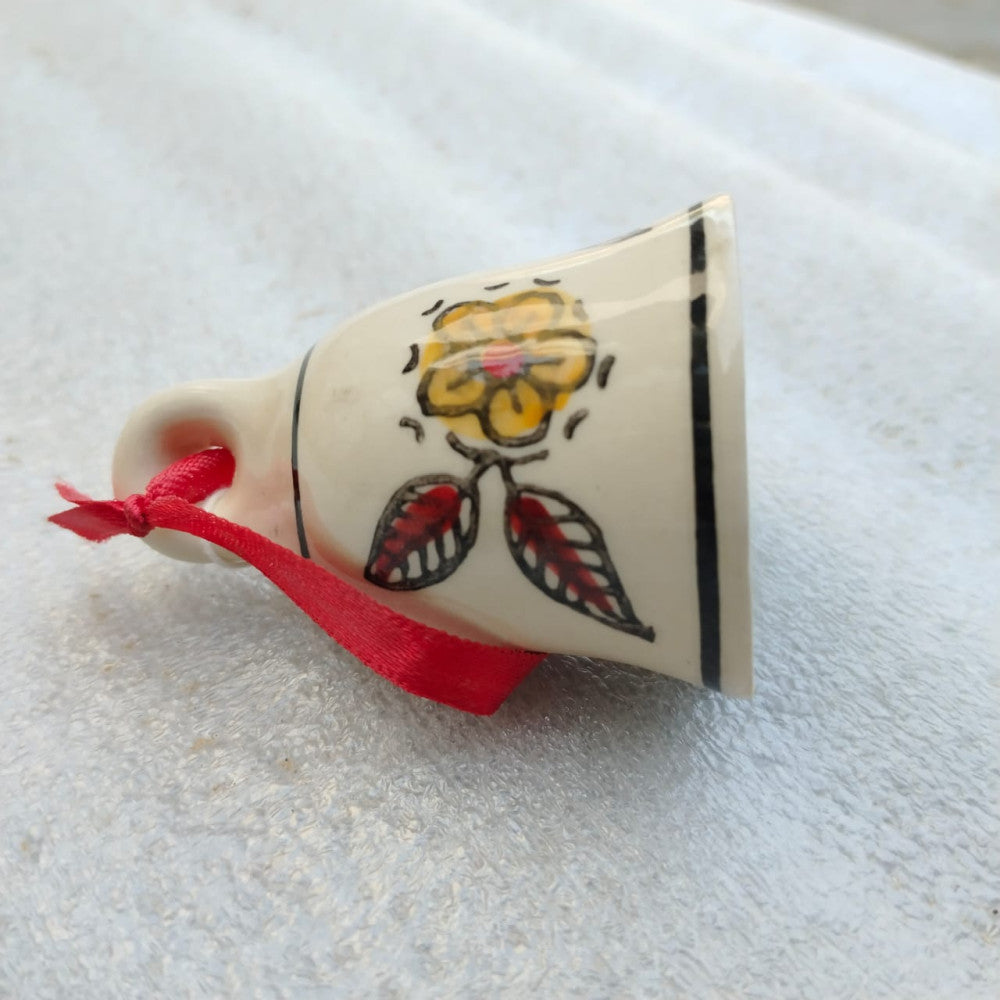 Blue Pottery Hanging Bell Floral White 3 Inch