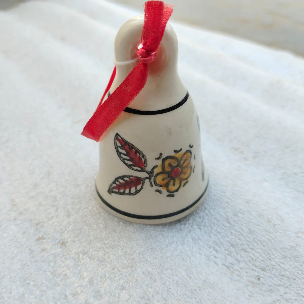 Blue Pottery Hanging Bell Floral White 3 Inch