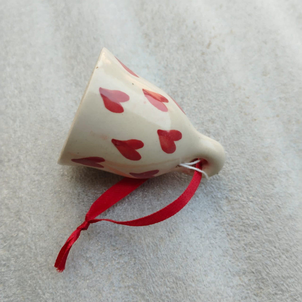 Blue Pottery Hanging Bell Heart Shape 3 Inch