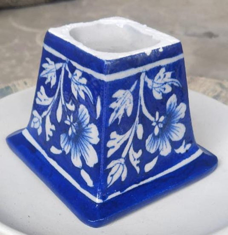 Blue Pottery Planter Navy Blue Floral Design