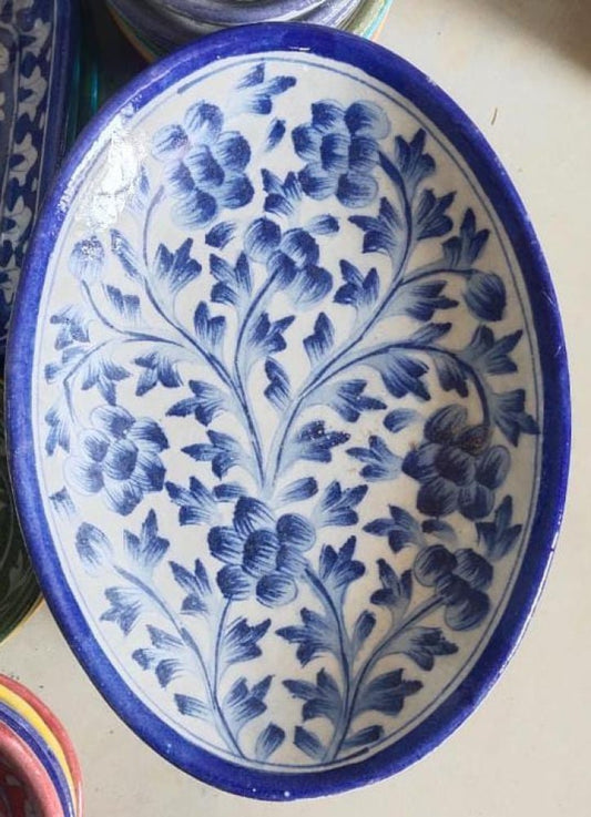 Blue Pottery Rice Plate White Floral Design 8 inch
