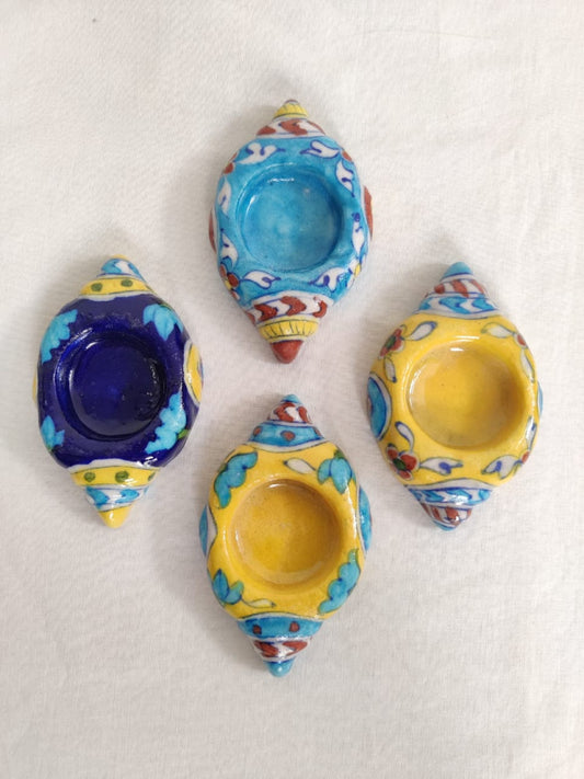 Blue Pottery Sea Shell Tea Light Candle Holders Set Of 4