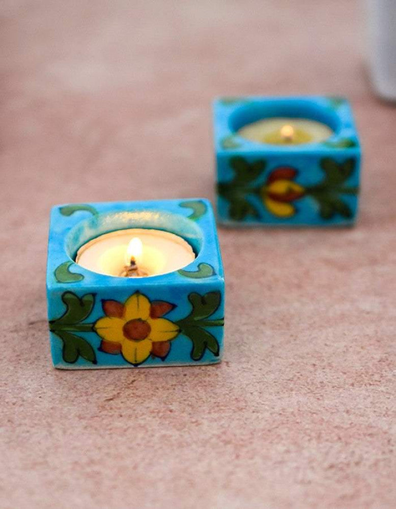 Blue Pottery Square Candle Holder Blue Set Of 2
