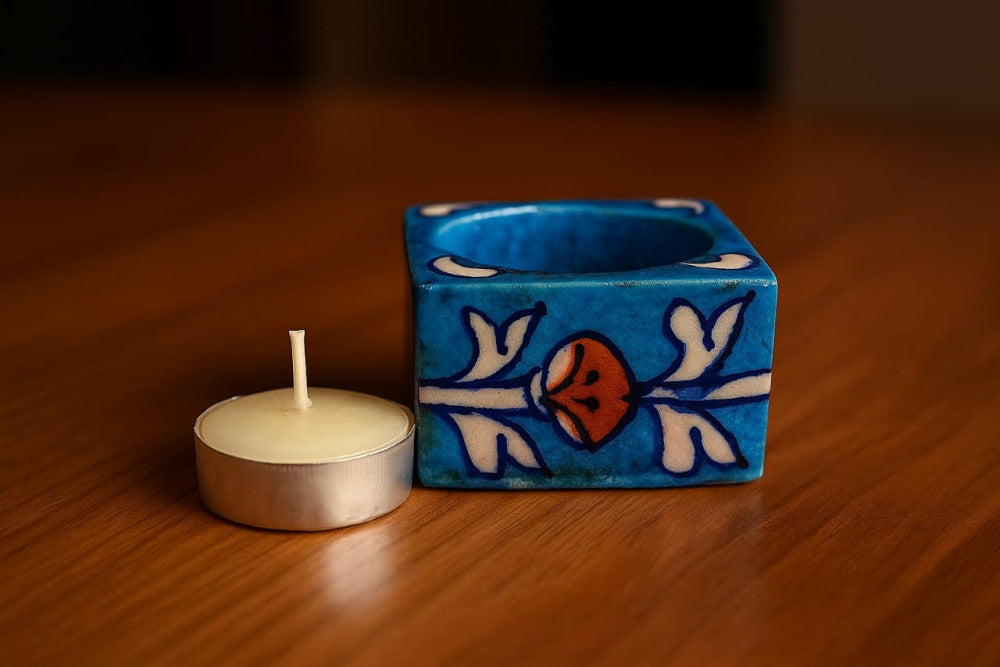 Blue Pottery Square Candle Holder Blue Style 1