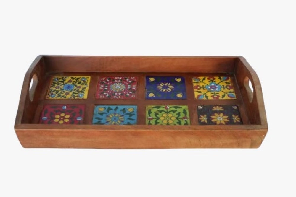 Blue Pottery Wooden Tray