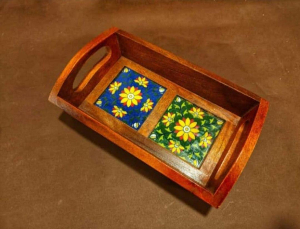 Blue Pottery Wooden Tray 2 Tiles
