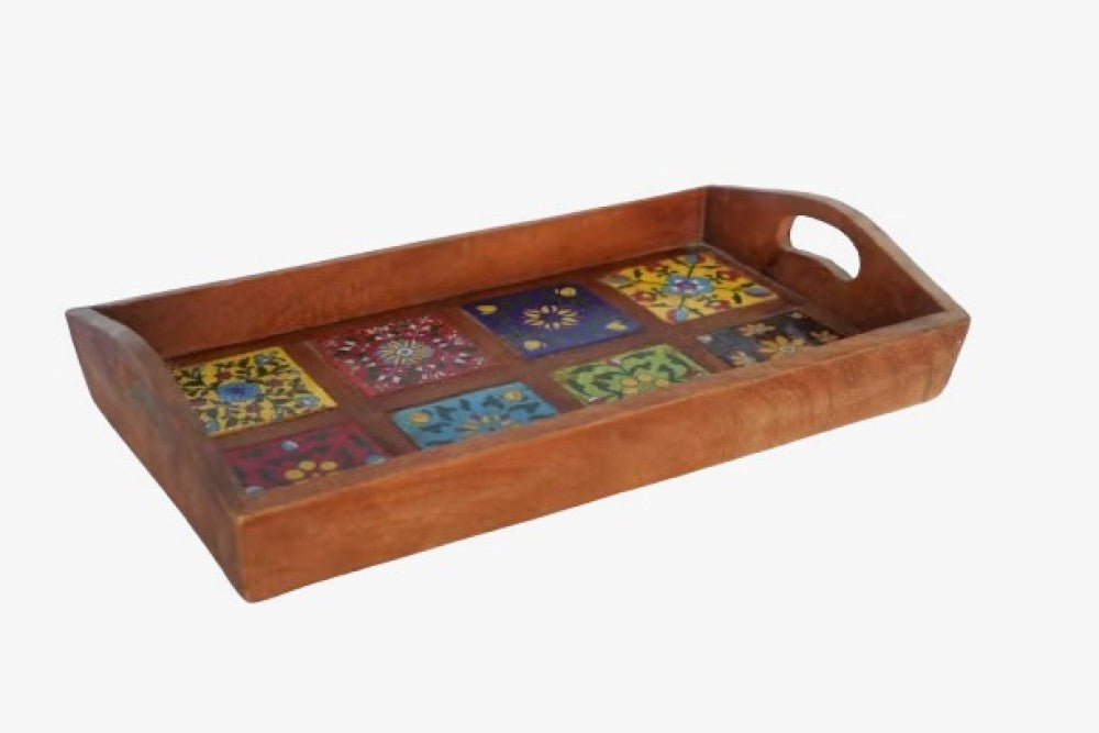 Blue Pottery Wooden Tray
