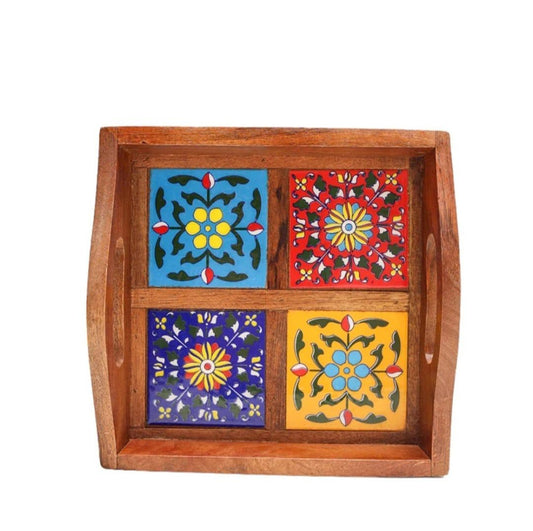 Blue Pottery Wooden Tray 4 Tiles