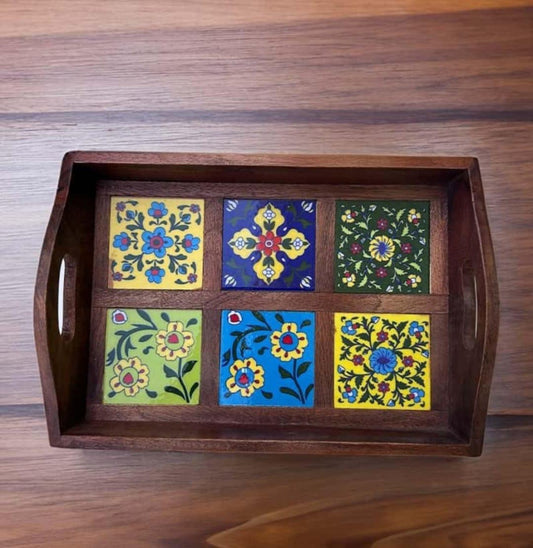 Blue Pottery Wooden Tray 6 Tiles
