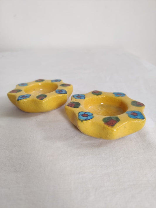 Blue Pottery Yellow Tea Light Candle Holders Set Of 2