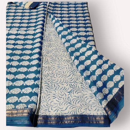 Blue & White Bagh Block Print Saree