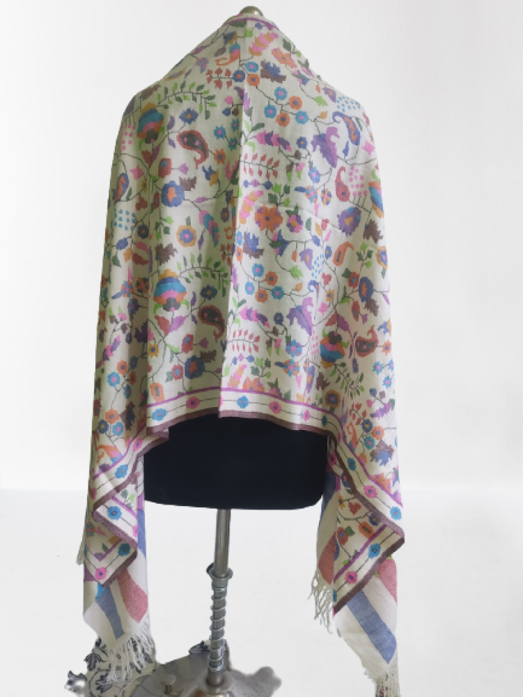 Bright Cream Floral Prints Kani Shawl