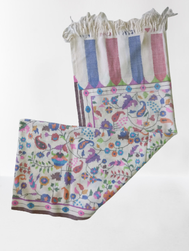 Bright Cream Floral Prints Kani Shawl