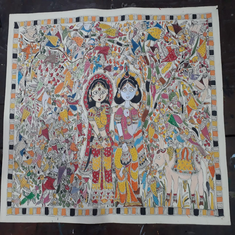 Radha Krishna In Brindavan Madhubani Painting