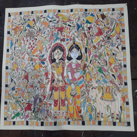 Radha Krishna In Brindavan Madhubani Painting