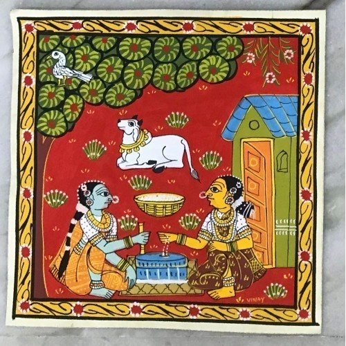 Handmade Cheriyal Painting Of Village Women Running Mill