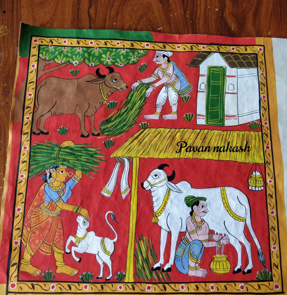 Cheriyal Painting Feeding cow Theme