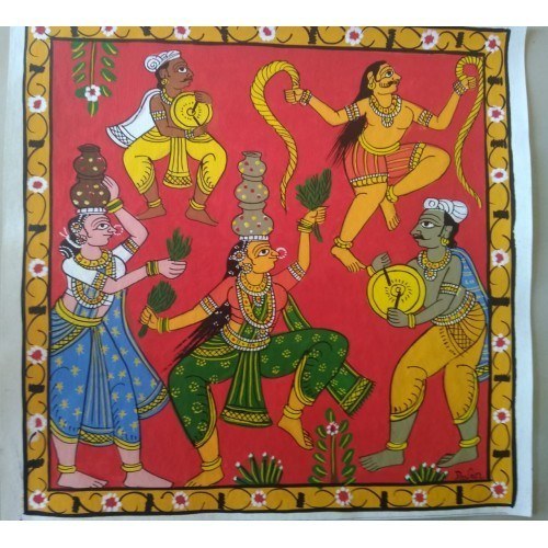 Traditional Handmade Beautiful Nakashi Art of Village Dancing Women Cheriyal Painting 15x15 inches