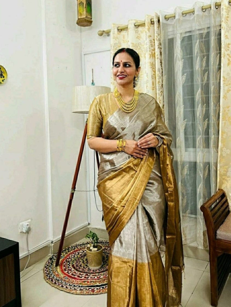 Classic Gold and Chrome Silver Chanderi Tissue Saree