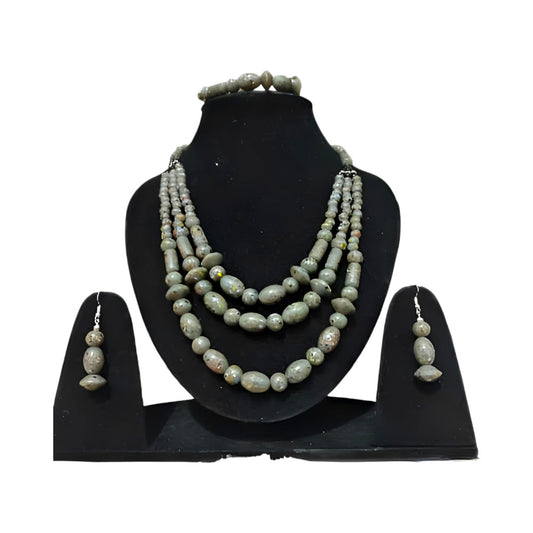 Classy Grey Matt Finish Glass Beads 3 Line Necklace Set