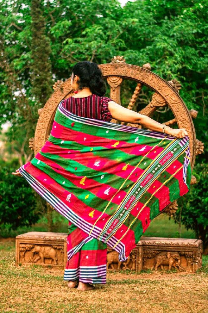 Classy Pink & Green Square Prints Kotpad Saree