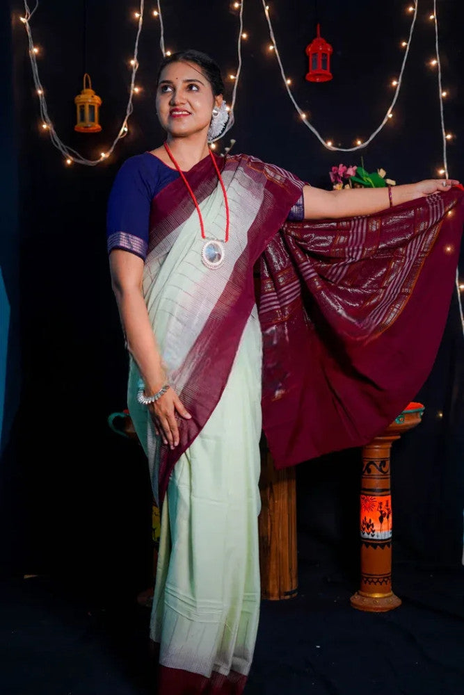 Classy White & Maroon Sambalpuri Silk Saree