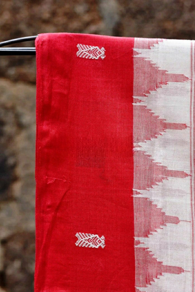 Classy White & Red Designer Prints Berhampur Saree