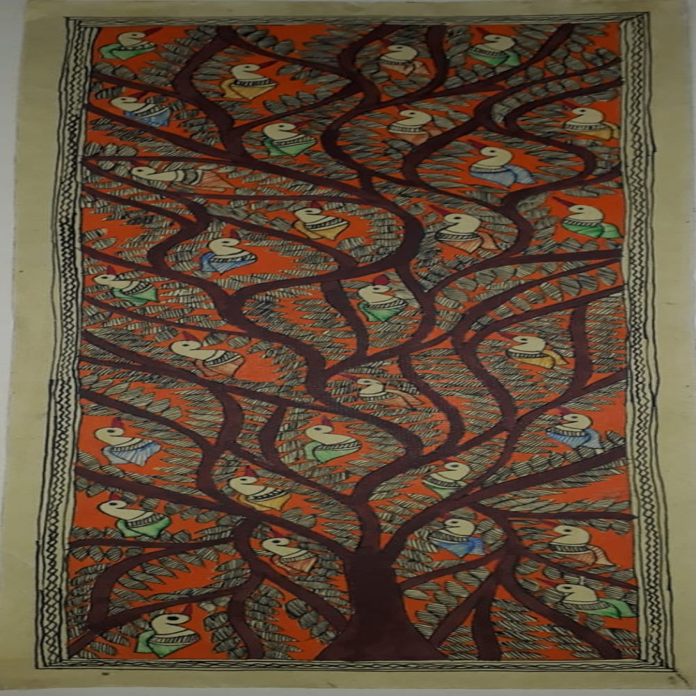 Colourful Birds On A tree Madhubhani Painting