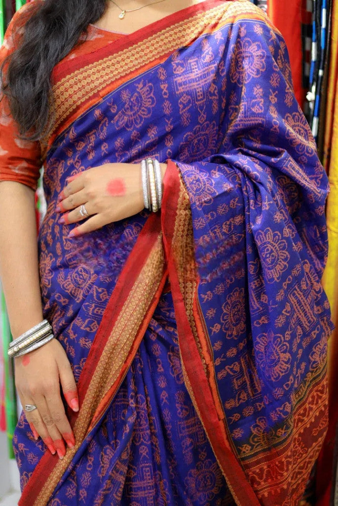 Colourful Blue & Red Sambalpuri Silk Saree