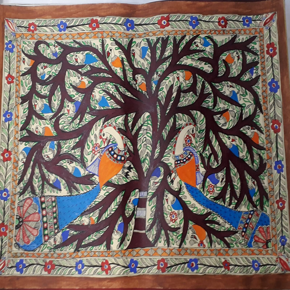 Colourful Peacocks On Tree Madhubani Painting