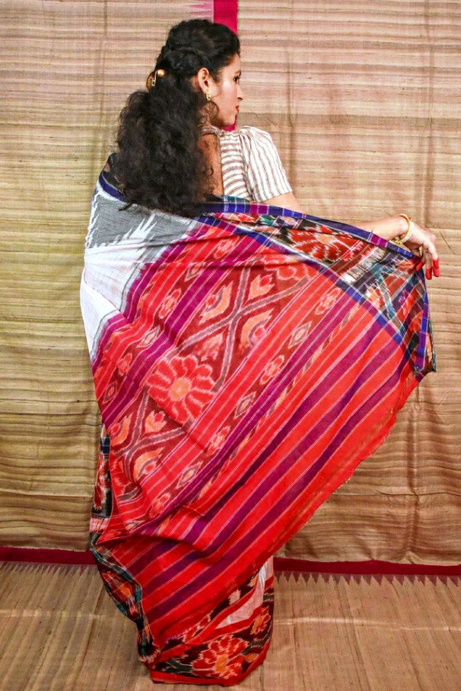 Colourful White & Red Kotpad Handloom Saree