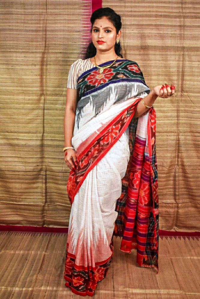 Colourful White & Red Kotpad Handloom Saree